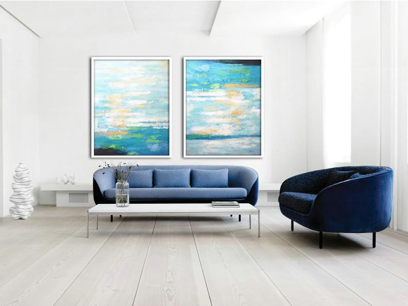 Abstract Painting Extra Large Canvas Art,Set Of 2 Abstract Painting On Canvas,Oversized Art,Blue,White,Yellow,Green.etc